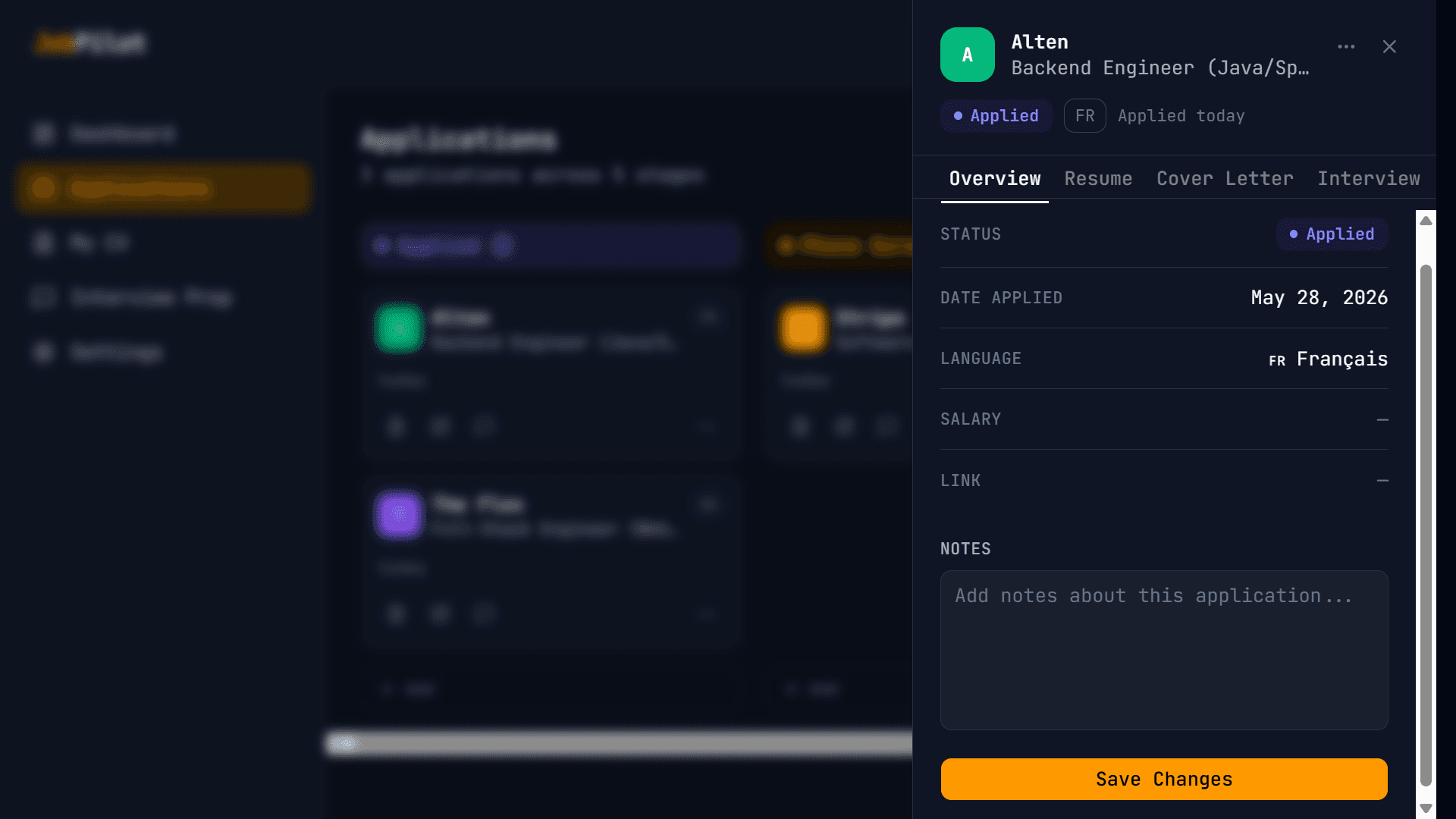 JobPilot application detail sheet with AI tools