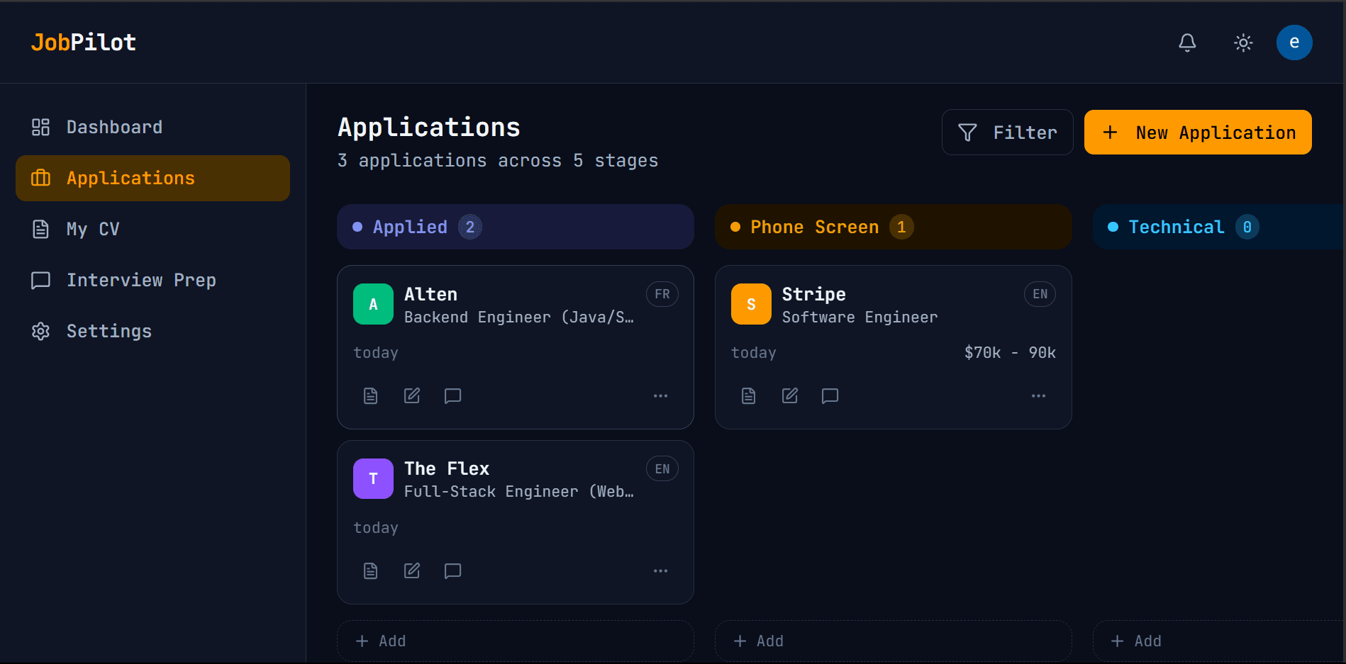 JobPilot Kanban board — job applications tracked by stage